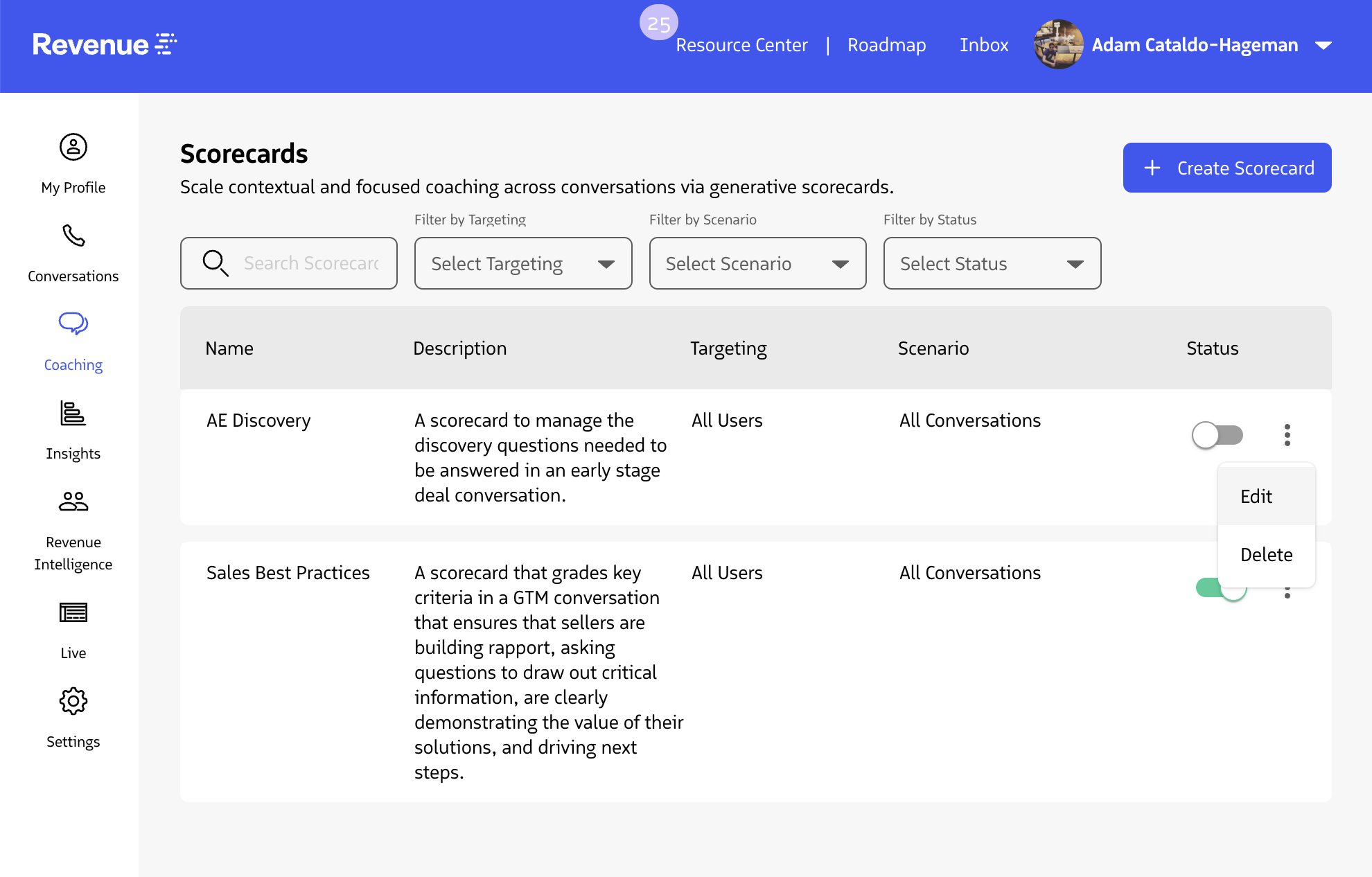 Scorecard row menu with Edit option.