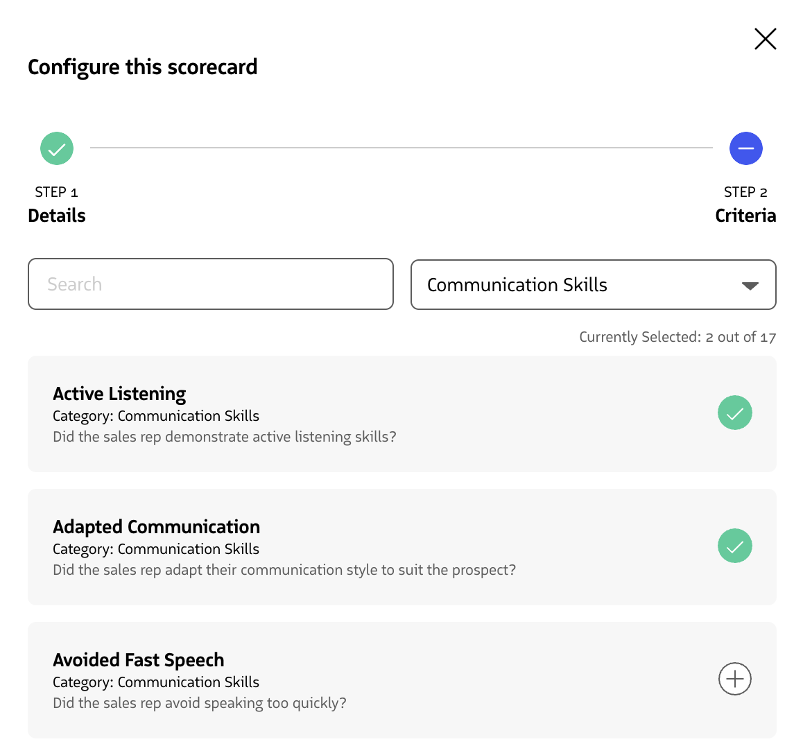 Selecting criteria to add to a scorecard with save options.