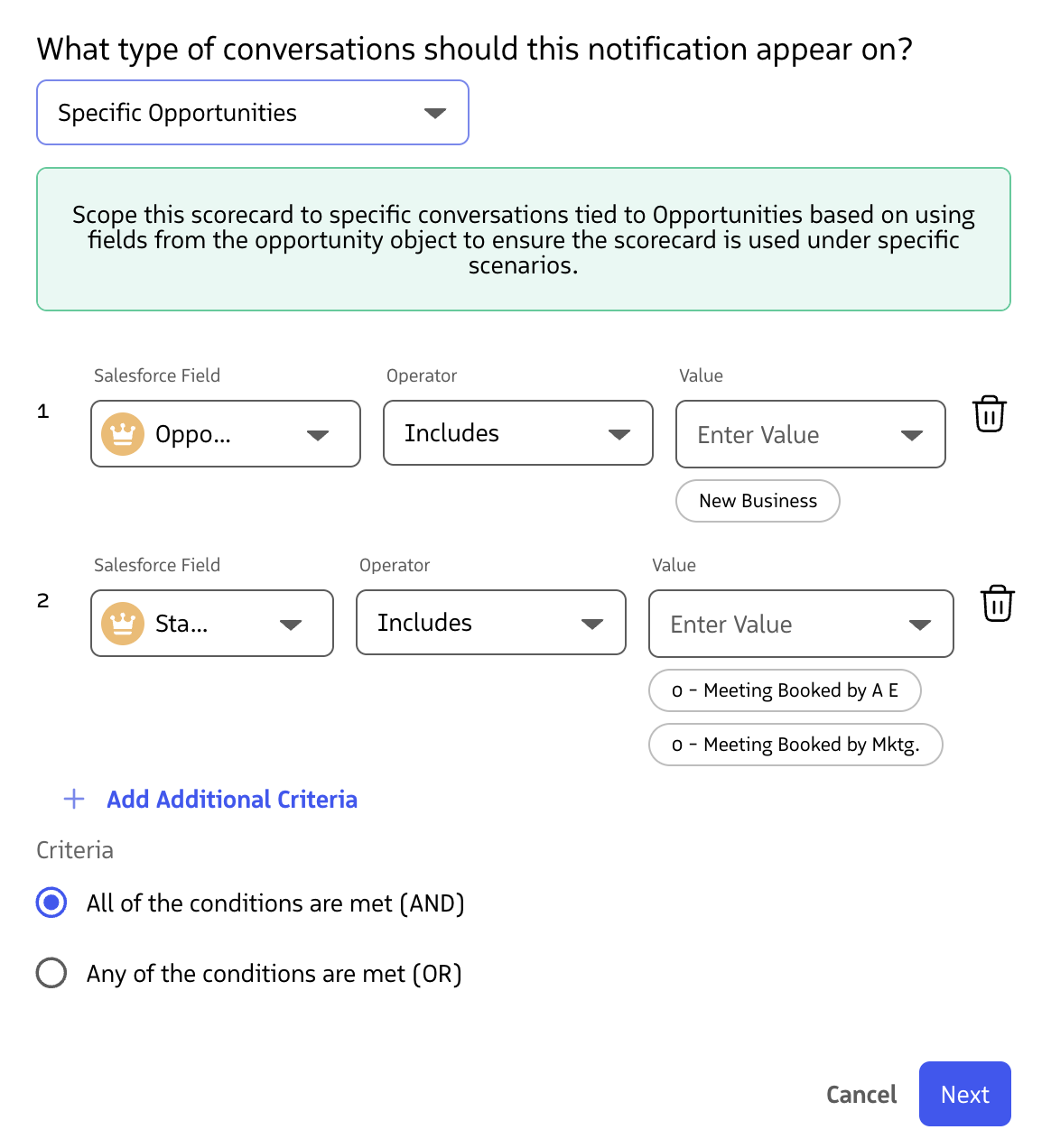 Options for which conversation types a scorecard applies to.