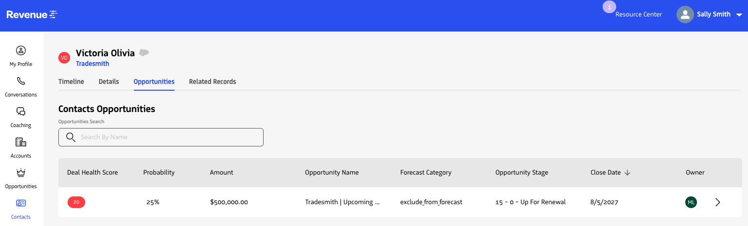 The Opportunities tab on a contact record listing related deals.