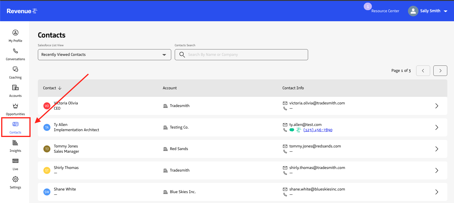 The Revenue App navigation with Contacts highlighted.