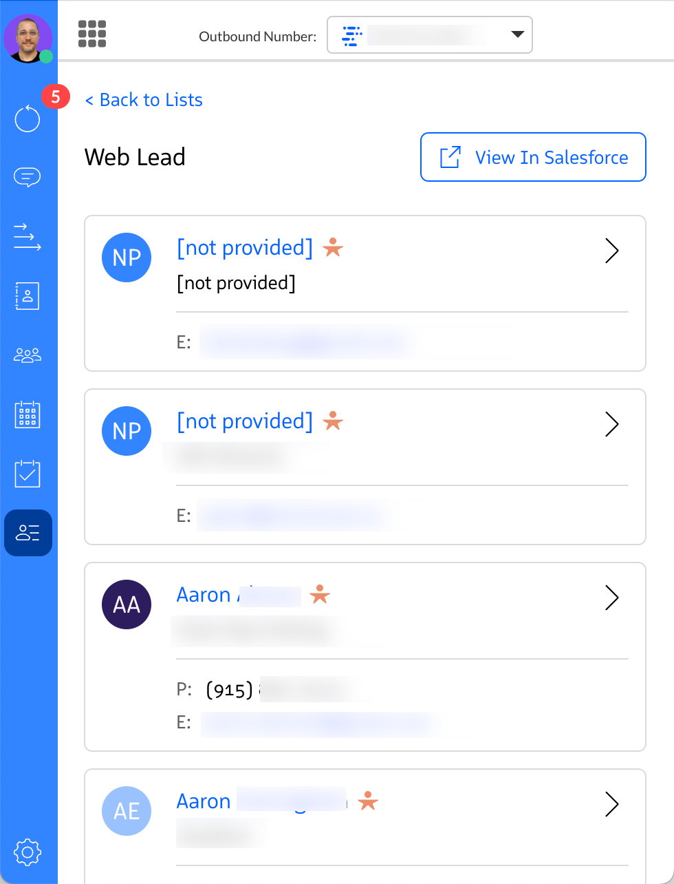 List of records with options to open Lead or Contact details.