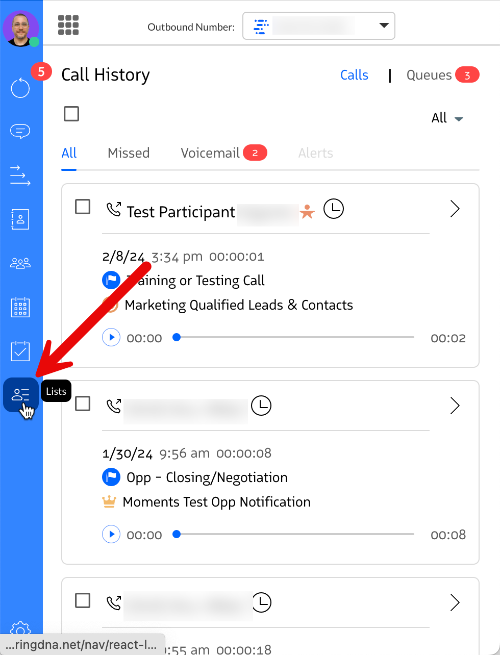 RingDNA Communications Hub with the Lists tab highlighted in the left sidebar.